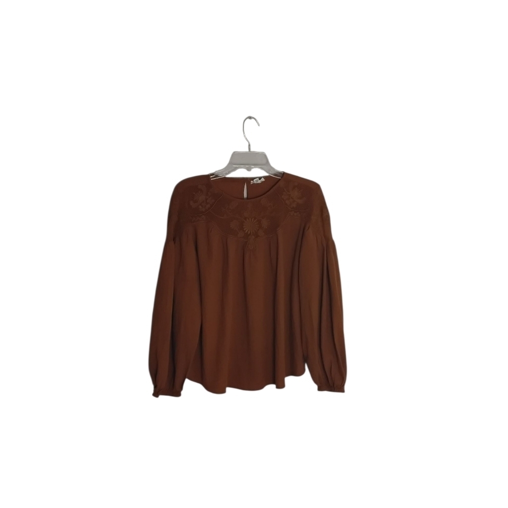 a.n.a Women's Brown Lace Embroidery Flowy Ballon Long Sleeve Top